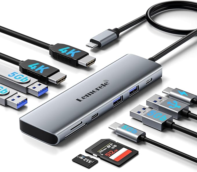 Laptop Docking Station Dual HDMI Monitor, 10 in 1 USB C Hub with 2 HDMI Ports, PD Charging, SD/TF, 5 USB C/A Ports, Laptop Docking Station for Dell XPS/HP/Lenovo/Surface(MacOS only Supports SST Mode)