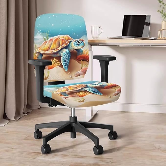 Sea Turtle Office Chair Cover Dust Proof Computer Chair Seat Cover 2 Piece Dorm Computer Rotating Chair Slipcover Office Gift for Women Men Chair Padded Cover Anti-Slip Desk Accessories