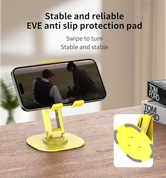360° Rotating Cell Phone Stand for Desk, Adjustable & Foldable Phone Holder, Aluminum Desktop Phone Stand with Anti-Slip Base, Compatible with iPhone, iPad, Android Phones, K69-Yellow
