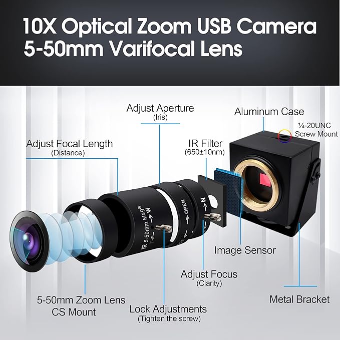 SVPRO 8MP USB Camera, Manual Focus Webcam with Varifocal 5-50mm CS Mount Lens-10X Zoom External Camera for Laptop PC Computer, UVC Plug and Play UVC