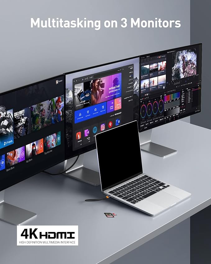 Baseus Laptop Docking Station, 4K Multitasking Docking Station with 2 HDMI+DP, PD, 3 USB-A, RJ45, Audio, TF/SD Card Reader, USB Hub Compatible for MacBook/Dell/HP/Surface/Lenovo