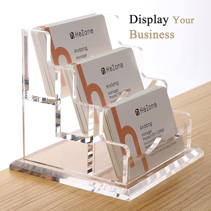 HeZone Business Card Holder for Desk 3 Slots 3 Tier, Clear Acrylic Cards Display Stand, Cards Organizer for Women and Men, Hold 150 Cards-Horizontal 3 Slots