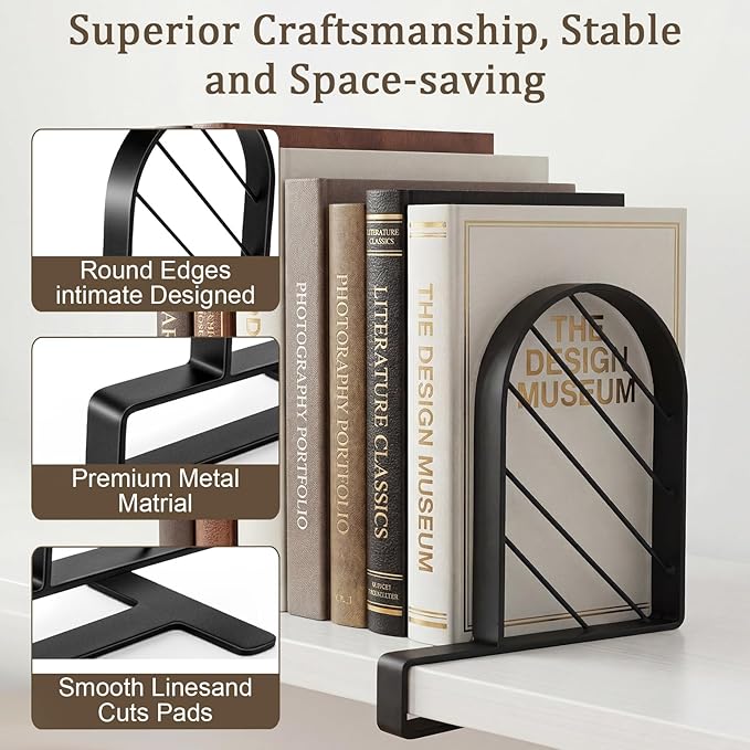 2 Pcs Metal Book Ends for Shelves Heavy Duty Clamp Book Organizer Black Metal Bookends Storage Holders with Non Skid Base for Home Office Supplies