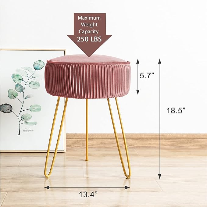 LUE BONA Velvet Vanity Stool for Makeup Room, Modern Ottoman Footrest with Metal Legs, Pink