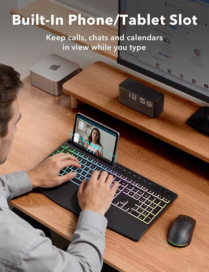 Wireless Keyboard and Mouse Combo - 4000mAh Rechargeable Backlit Keyboard with Wrist Rest & Phone Holder, Full Size Quiet Typing 2.4G USB-A/Type-C for PC, Laptop, Windows, Mac, Trueque KM22 Ultra