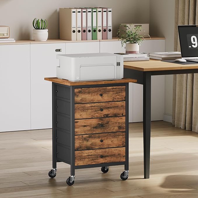 MAHANCRIS 5 Drawer File Cabinet,Rolling Filing Chest Cabinet with Wheels, Under Desk Storage Organizer, Printer Stand with Non-Woven Fabric Drawer, for Home Office, Study, Rustic Brown FCHR4801