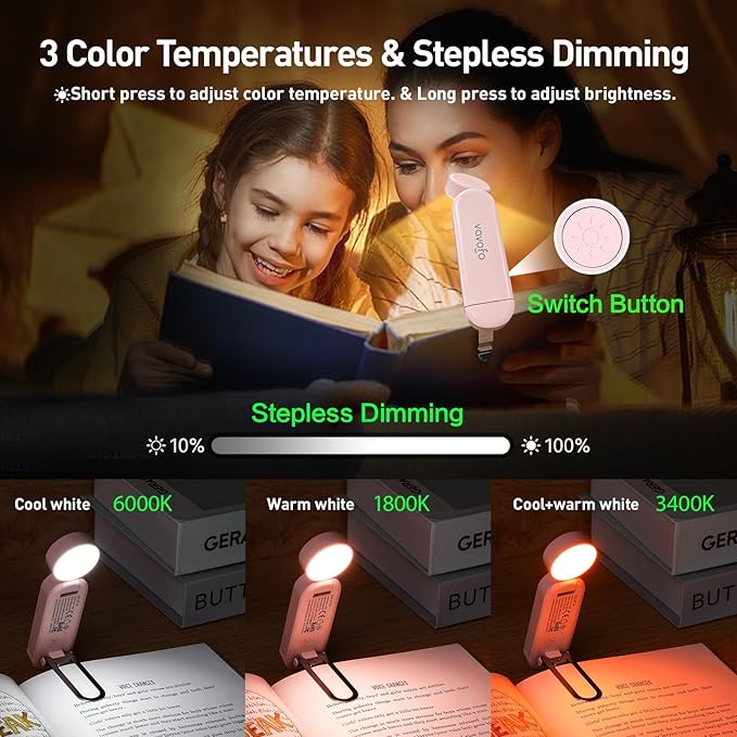 VAVOFO USB Rechargeable Book Light, Blue Lighting Blocking, Amber Light Clip On Bookmark Shaped 6 LEDs Reading Light, Eye Care for Bookworms Reading in Bed with 9 Lighting Modes (Light Pink)
