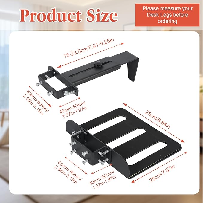 PC Mount Under Desk - No Drilling, Adjustable Height and Width Clamp Leg PC Bracket, Computer Mount Under Table for Standing Desks with 44lb Capacity