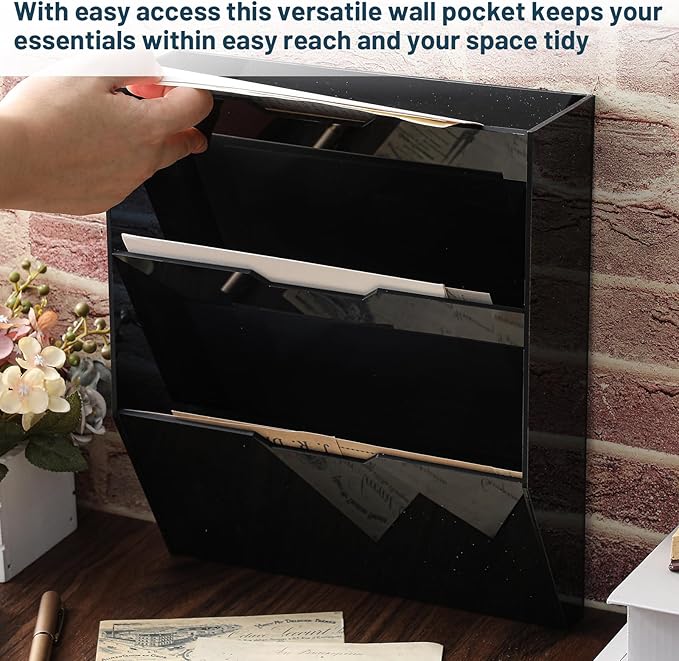 Chunful 3 Tier Mail Sorter Letter Wall Holder Black Acrylic Wall Mounted Mail Organizer Hanging File Envelope Pocket Plastic Mount Document Holder for Home Office Entryway