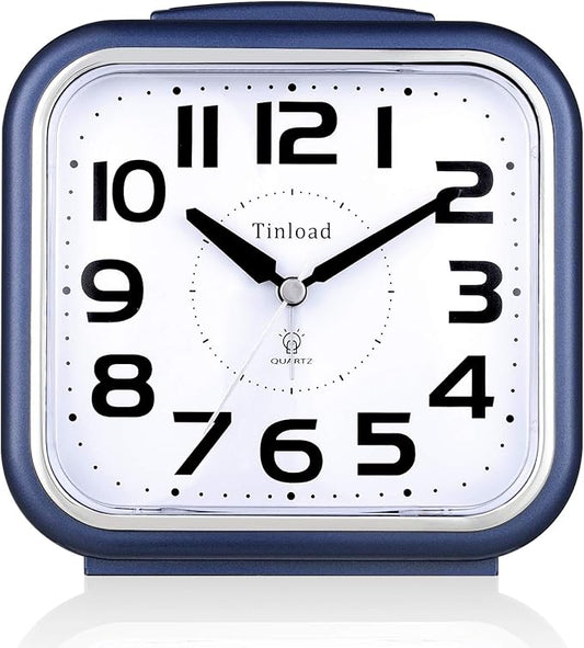 Tinload 5.5" Large Analog Alarm Clock Silent Non Ticking, Gentle Wake, Beep Sounds, Increasing Volume, Battery Operated Snooze and Manual Light, Easy Set, Blue