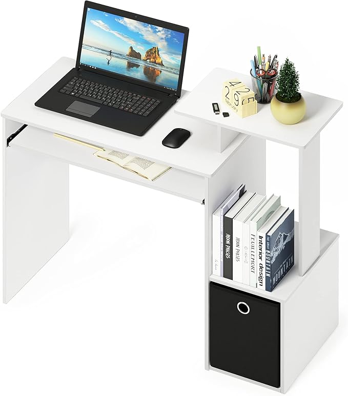 Furinno ECON Desk, 40" Wide Gaming Desk with Keyboard Tray, Computer Desk, Office Desk with Side Shelves and Storage Bin for Home Office, Plain White