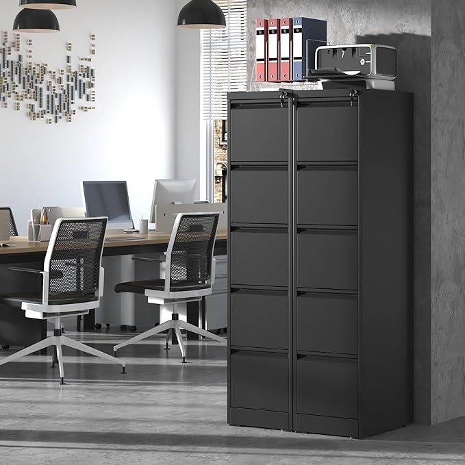 IKIMI 5 Drawer File Cabinet,Metal Filing Cabinets for Home Office,Vertical File Cabinet with Lock,Heavy Duty Metal Storage Cabinet for A4/Letter/Legal Size Files,Assembly Required