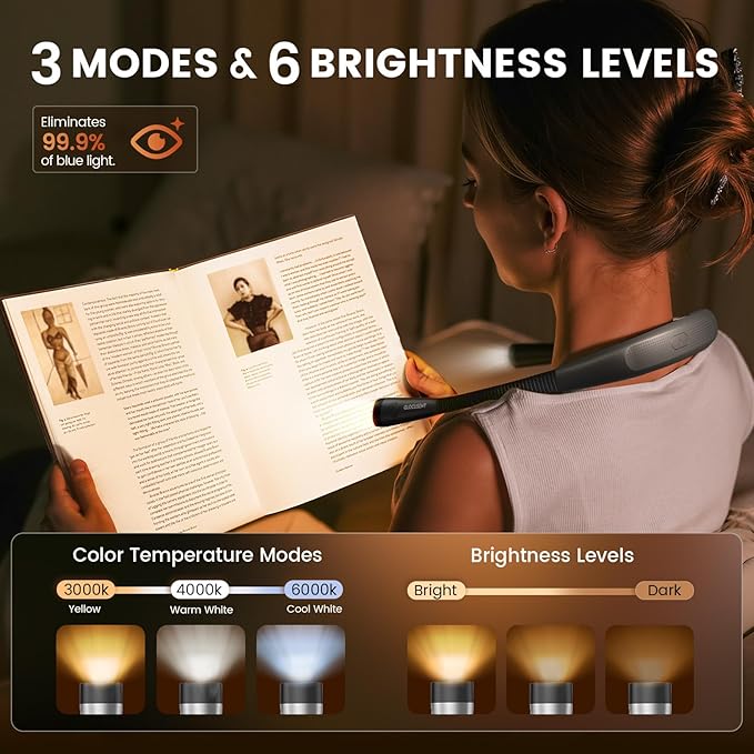 Glocusent Book Light with EVA Case, 3-Color & 6-Brightness Reading Light, Bendable Neck Light, Durable Rechargeable Lamp, Perfect Book Light for Reading in Bed, Knitting, Repairing, Book Lovers Gifts