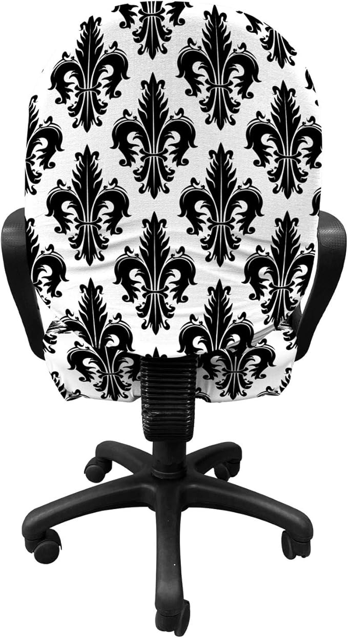 Ambesonne Fleur De Lis Office Chair Slipcover, Monochrome Royal Lily Pattern Victorian Inspiration Ornamental Vintage Design, Protective Stretch Decorative Fabric Cover, Standard Size, Black White