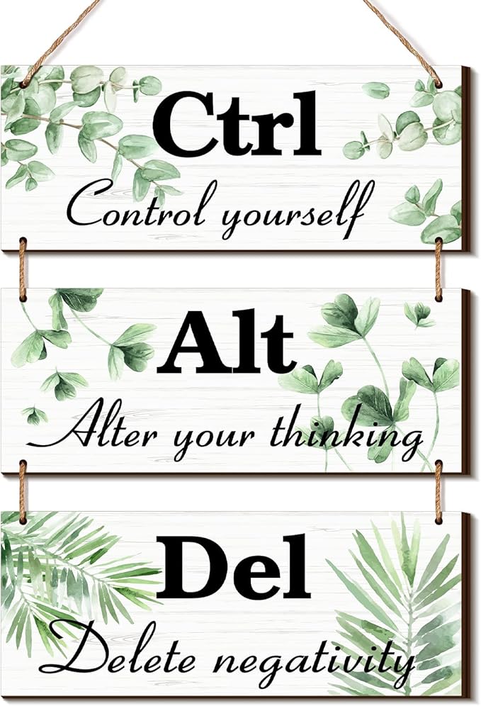 Qunclay 3 Pcs Office Wall Decor Green Leaves Wood Rustic Hanging Cubicle Decor Summer Inspirational Ctrl Alt Del Sign Decoration for Bathroom Indoor Home Living Room