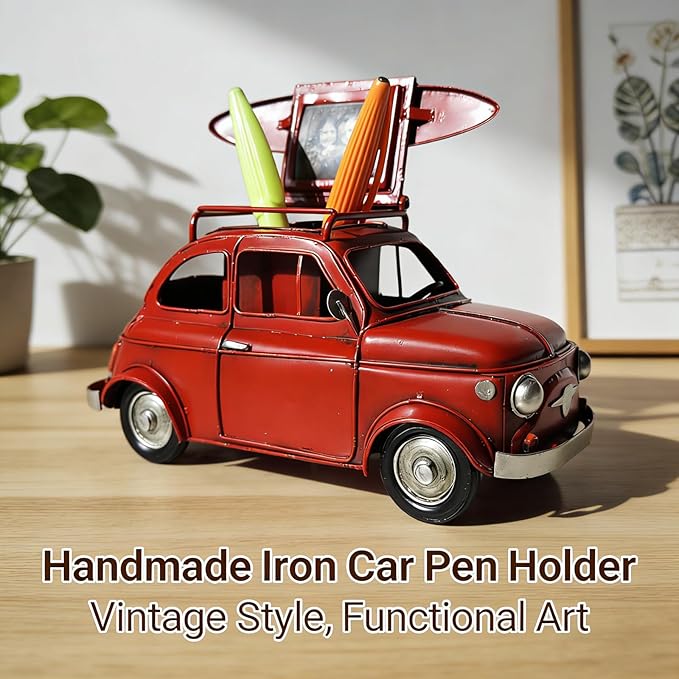 Vintage Photo Frame Pen Holder Car Model Handcrafted Iron Art Car Sculpture Two in One Multi Functional Storage Container with Luggage Compartment and Surfboard Decorations Ideal Gift