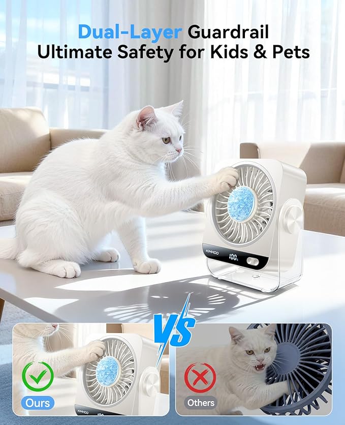 KIMMOO USB Desk Fan for Bedroom, 199 Speeds Turbo Airflow, Portable Fan with Ice Cooling, Digital Display Quiet Table Fan, 270° Rotating Small Rechargeable Battery Desktop Fans for Home Office (White)