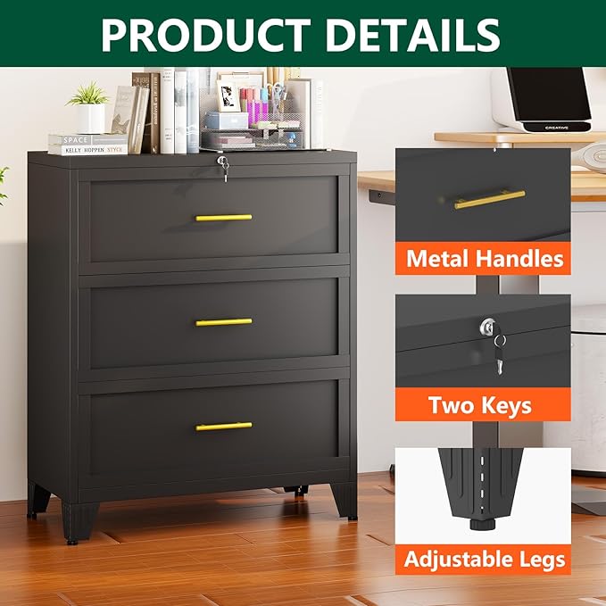 winiowa 3 Drawer File Cabinet, Metal Lateral File Cabinet with Lock, Locking Filing Cabinets for Home Office,Wide Office Storage Cabinet for Hanging Files Letter/Legal/F4/A4 Size (Black, 3-Drawer)