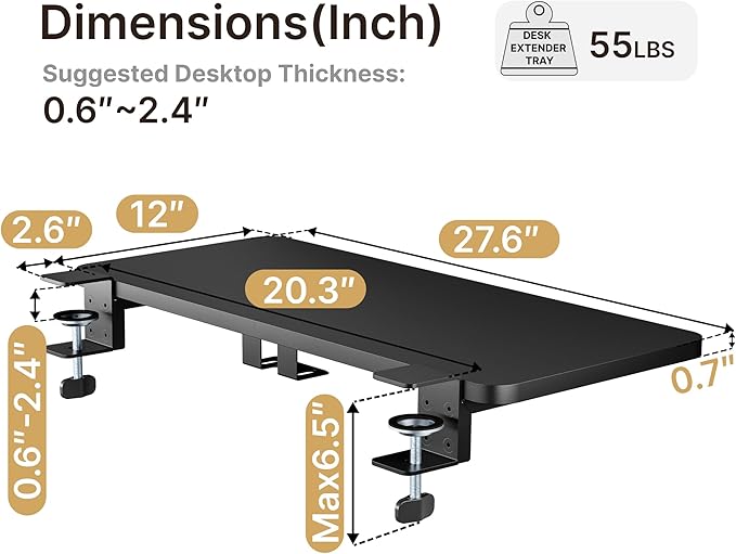 PEGZONE Desk Extender Tray, 28" x 12" Clamp On Desk Shelf, Desk Extension with Laptop Holder, Table Desk Arm Rest, Clamp On Keyboard Tray for Office and Home, Workstation Organizer, Large, Black