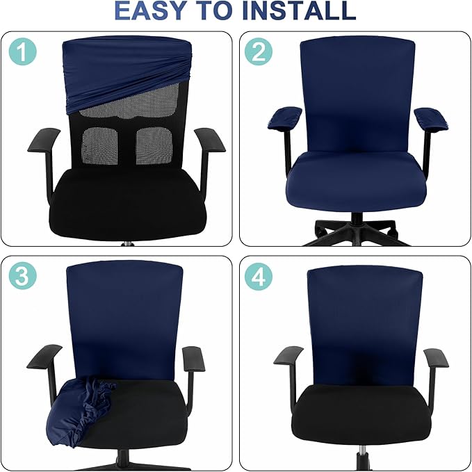 Tallew 4 Pcs Office Chair Covers Set Computer Universal Protective Stretchable Chair Seat Covers Desk Armrest Cover Pads Office Cushion Backrest for Rotating(Regular,Navy Blue)