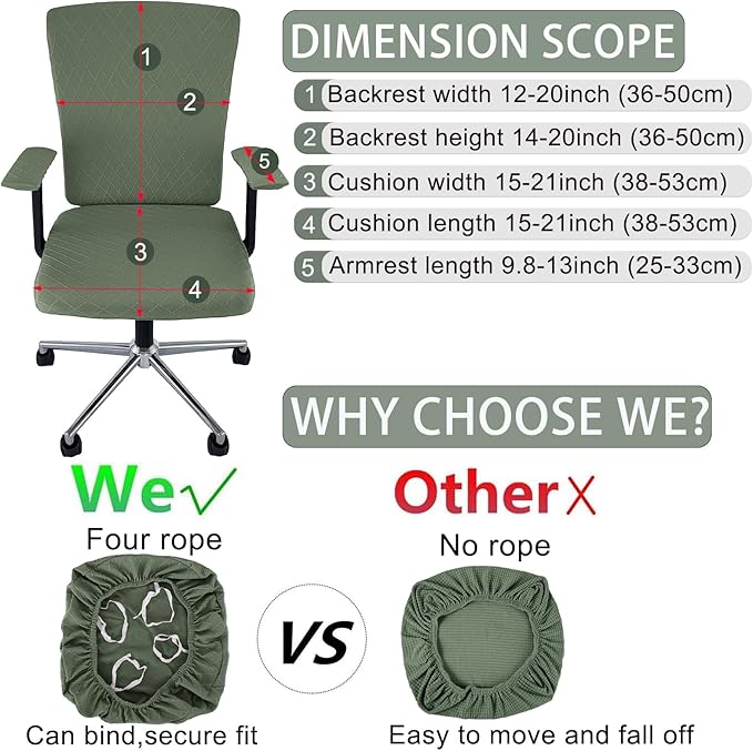 4 Pcs Office Chair Cover Set with 4 Extra Elastic Straps Universal Protective Office Chair Covers Stretchable Desk Chair Cover Office Armrest Cushion Backrest for Rotating Chair (Green)