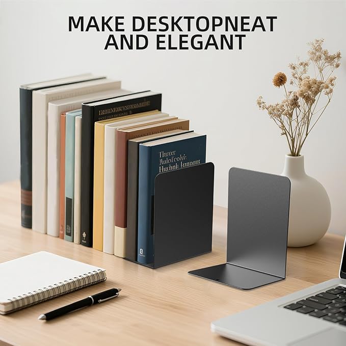 Book Ends, 6 Pieces Metal Bookend for Shelves, Bookends for Heavy Books, Book Holders for Shelves, Desk Organizers, Book Dividers for Office, School, Bookstore, Home