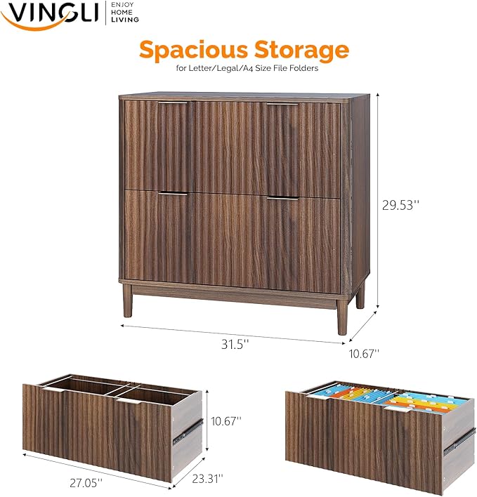 VINGLI 2 Drawer File Cabinet, Home Office Filing Organizer, for Letter Legal A4 Size File Folder Storage, Modern Style Fluted Design, Wood Lateral Filing Cabinet, Printer Stand, Dark Walnut