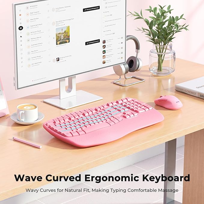 MEETION Ergonomic Keyboard and Mouse Wireless, Wave Keys Natural Typing, 2.4G Wireless Keyboard with Wrist Rest, 4 Adjustable DPIs Mouse, Computer/Laptop/Windows/Mac, Pink