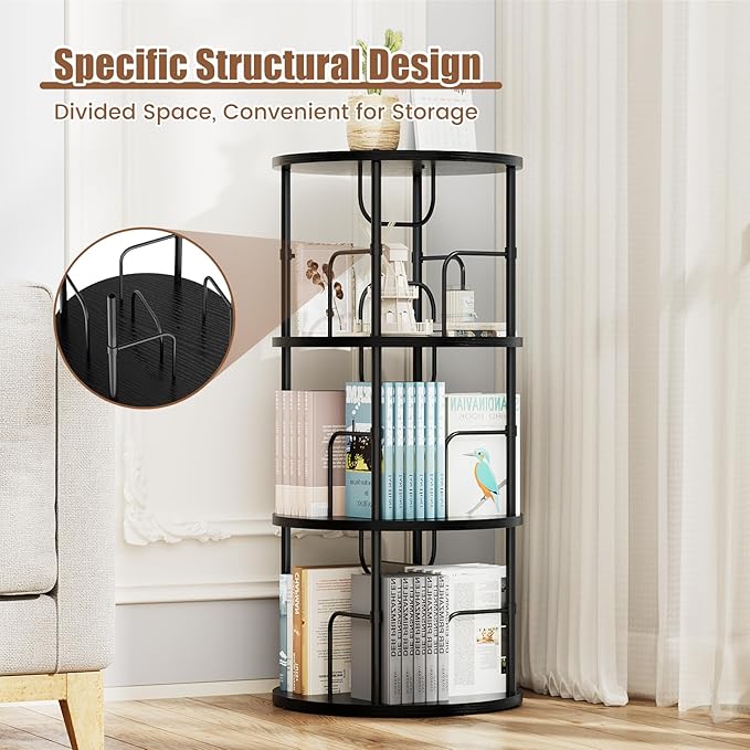 ALLSTAND Rotating Bookshelf, 3 Tier Round Revolving Bookcase with Special Visible Partition Storage, 360° Display Spinning Small Bookshelf Tower Book Shelf Organizer for Bedroom, Small Space, Black