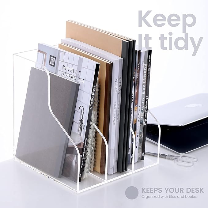 HeZone Desk File Organizer, Acrylic Magazine File Holder with 3 Vertical Compartments Rack File Sorter for Office Home Classroom Desk Organization, Clear…