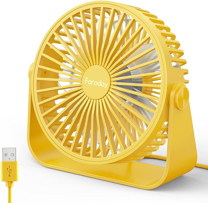 FARADAY USB Desk Fans 5 Inches Portable Table Fans 360° Head Rotation Small Personal Desktop Fan for Home Office, 3 Speeds, Yellow