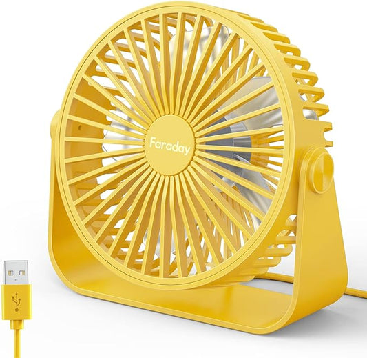FARADAY USB Desk Fans 5 Inches Portable Table Fans 360° Head Rotation Small Personal Desktop Fan for Home Office, 3 Speeds, Yellow