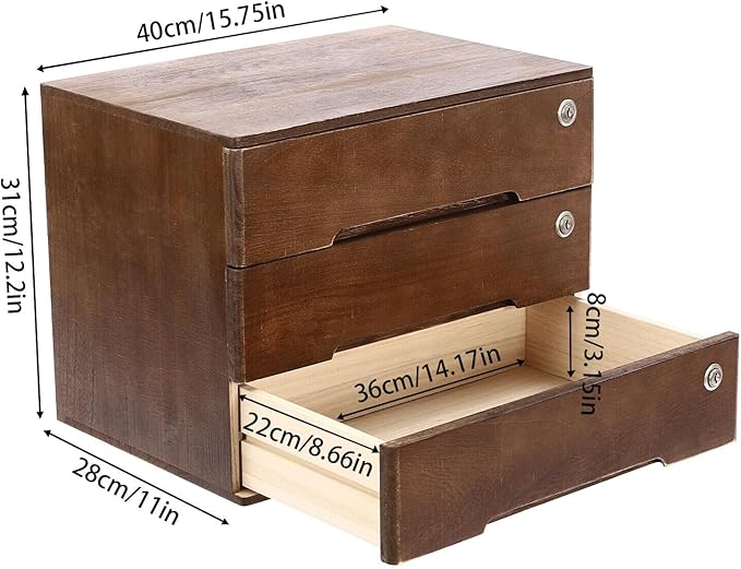 Wooden Desk Organizer with Drawers & Lock, Desktop Countertop Storage Cabinet Lockable Home Office Supplies File Tabletop Organizing Unit (3 Drawer - Retro Walnut)