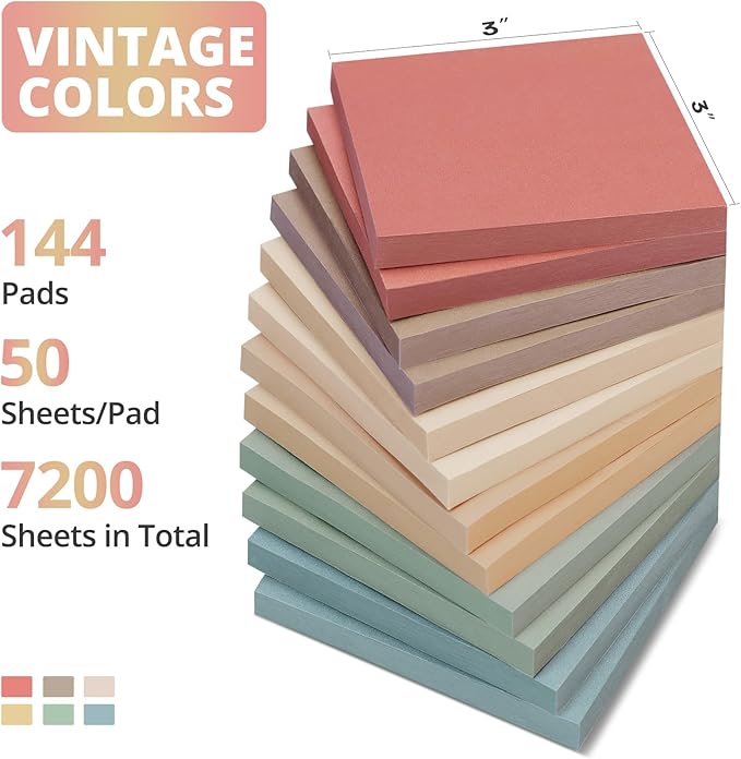 Sticky Notes, 144 Pads, 3x3 Inches Self-Stick Note Pads, Perfect for Office, Study, and Daily Life Organization - Vintage