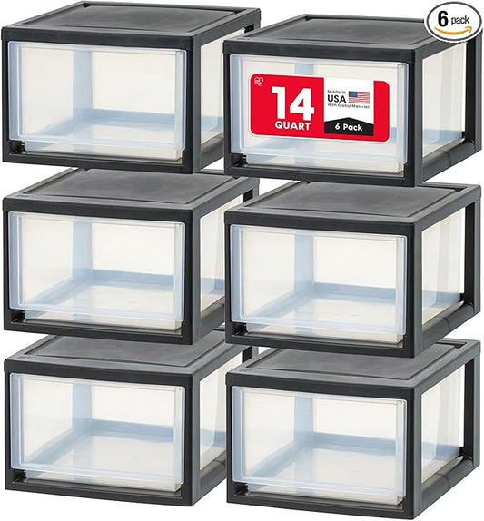 IRIS USA 14.5 Qt. Plastic Drawer Storage Organizer Stacking Drawers, 6-Pack, Stackable Unit with Sliding Drawer for Clothes Bedroom Kitchen Under Sink Pantry Craft Room Bathroom Dorm Office, Black
