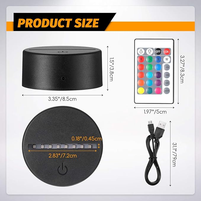 Honoson 4 Pieces 3D Night LED Lamp Base 16 Colors LED Lights Display Base with Remote Control and USB Cable, Lights Frame for Acrylic and Resin Glass, for Restaurant Room Shop in Black