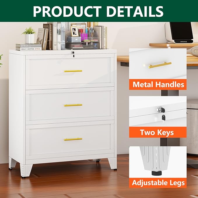 winiowa 3 Drawer File Cabinet, Metal Lateral File Cabinet with Lock, Locking Filing Cabinets for Home Office,Wide Office Storage Cabinet for Hanging Files Letter/Legal/F4/A4 Size (White, 3-Drawer)