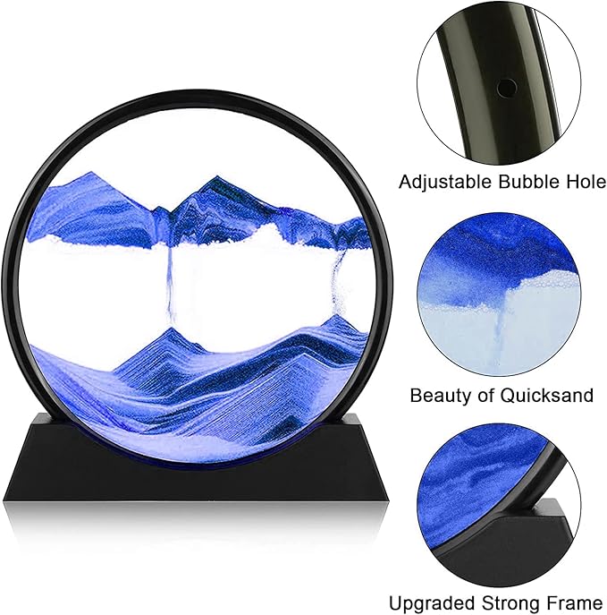 rysnwsu 3D Dynamic Sand Art Liquid Motion, Moving Sand Art Picture Round Glass 3D Deep Sea Sandscape in Motion Display Flowing Sand Painting Relaxing Desk Toys (Blue, 7'')
