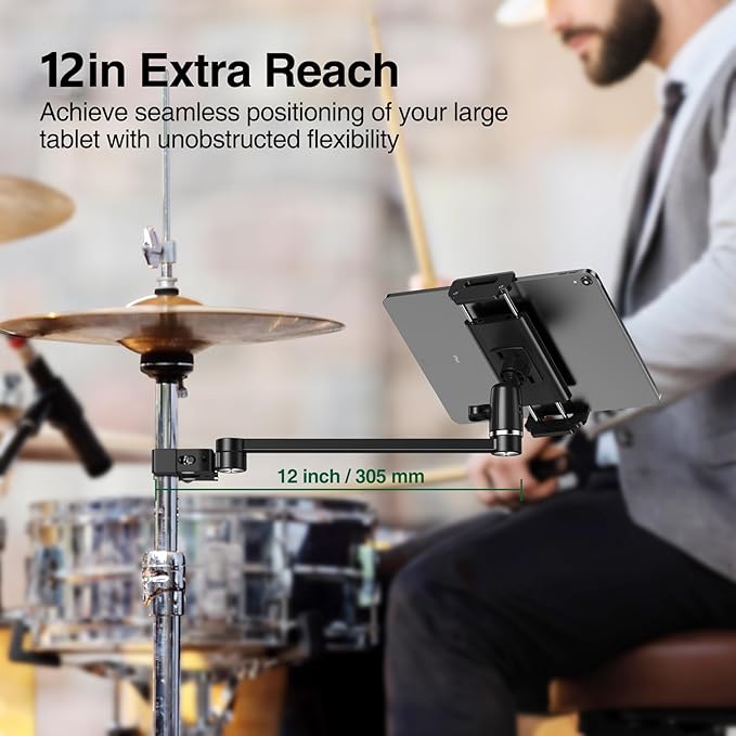 elitehood 12in Extra Long Arm iPad Mic Stand Mount, 360° Adjustable iPad Holder for Mic Stand, Tablet Holder for Microphone & Cymbal & Drum, Tablet Music Mount Fit 4.7-13in Devices