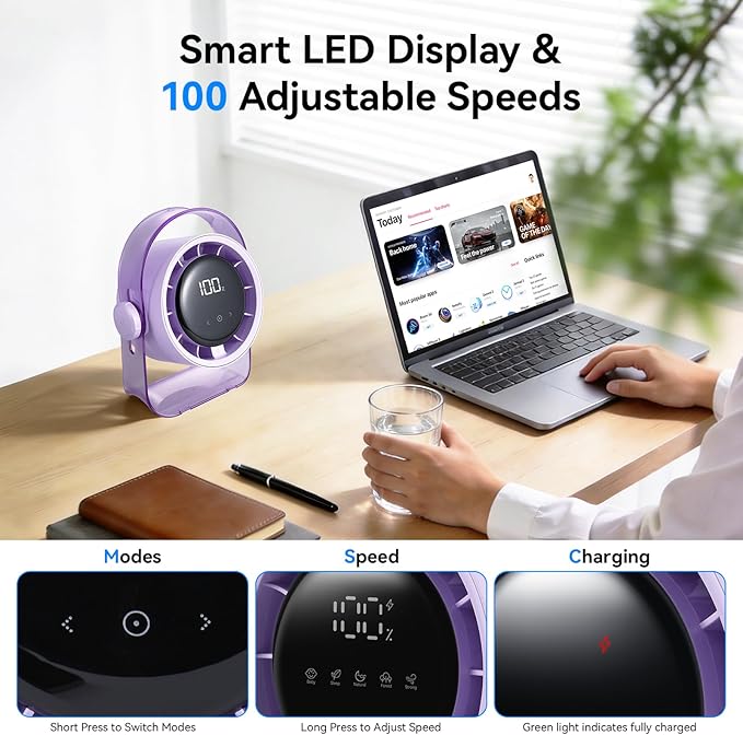 VAVOFO Desk Fan, Small Quiet LED Display Portable USB Fan, 180°Tilt, 100 Speeds, 5 Modes, Rechargeable 3600mAh Battery Operated Table Fans For Office, Bedroom, Outdoor（Purple）