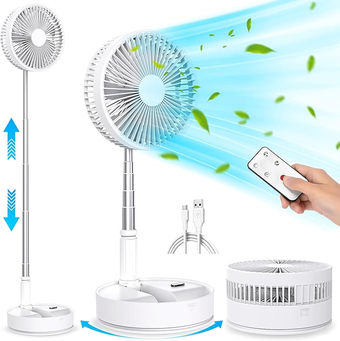 LIPETY Portable Foldable Rechargeable Oscillating Fan - 8.6" 7200mah Battery Operated USB C Small Fan Remote, Quiet Table Desk Fan Folding Standing Pedestal Fan for Rome Office Camping Travel