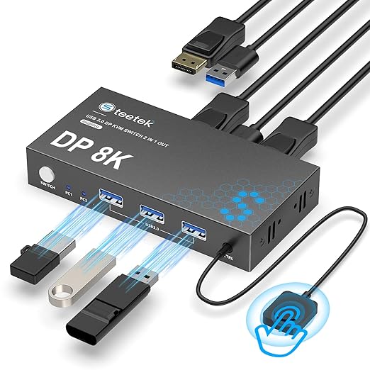 Hearvo USB 3.0 DisplayPort KVM Switch 1 Monitor 2 Computers, 8K@60Hz DP KVM Switch for 2 Computers Sharing Monitor Keyboard Mouse Printer, with EDID Adaptive, 2 USB Cables and Controller - S7230P