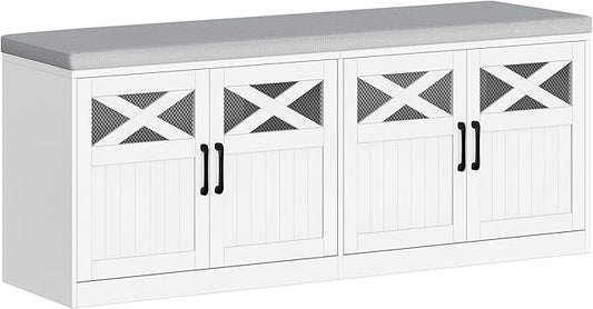 Hzuaneri 2 Tier Shoe Storage Bench with Doors, 47.2" Farmhouse Shoe Bench with Padded Cushion, 12 Pairs of Bed End Bench, Entryway Bench with Storage for Bedroom, Living Room, White SB61203X