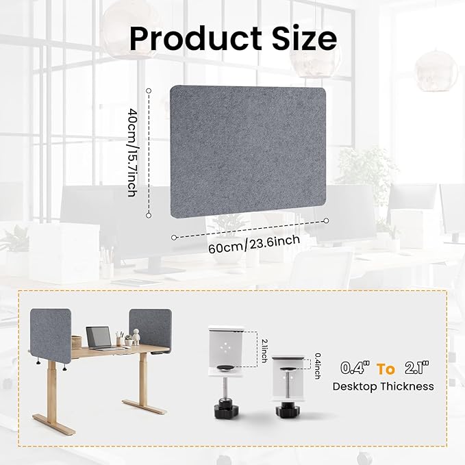 Desk Divider, Clamp On Felt Desk Privacy Panels, Acoustic Sound Absorbing Desk Partition for Office Desk, Reduce Distractions, Light Gray, 2 Pack, 16 x 24 in