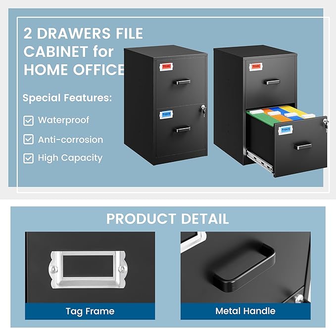 PEUKC 2 Drawer File Cabinet with Lock, 25.4" High Vertical Filing Cabinet, 17.7" Deep Metal Storage Cabinets for Home Office, Letter/Legal/A4/F4 Size, Black(Assemble Required)