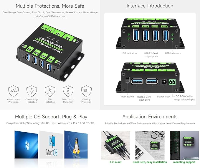 Waveshare Industrial Grade USB HUB, Extending 4X USB 3.2 Ports, Switchable Dual Hosts, Multi Protections