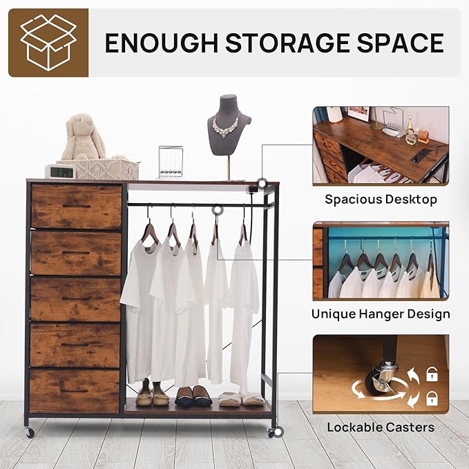 5 Drawer Fabric Dresser with Clothes/Hanging Rail/Rack Chest of Drawers with Charging Station Wardrobe/Closet Dresser for Bedroom, Brown