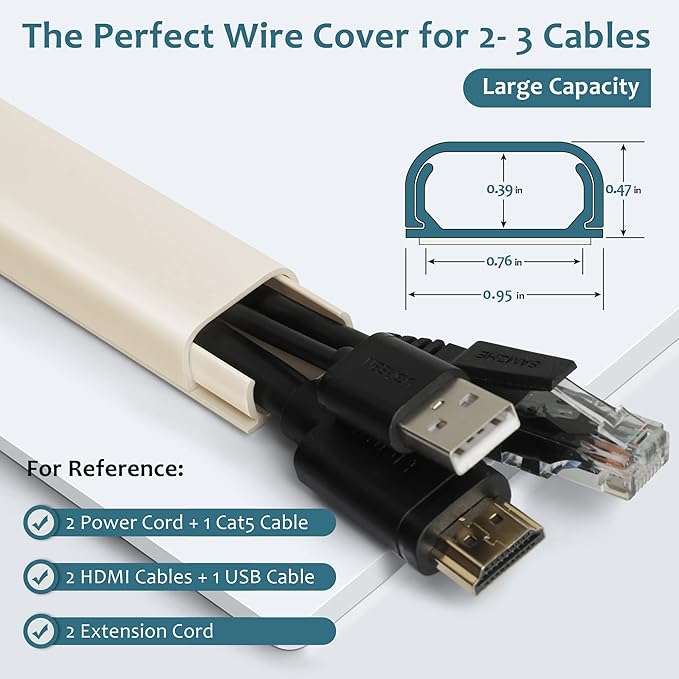153in Cord Hider Wall, Wire Hiders for 3 Cords, Paintable Cable Cover for 2 Thick Extension Cables, Wire Concealer to Hide Cords Wall Mounted TV, 9X L17in X W0.95in X 0.47in, Beige