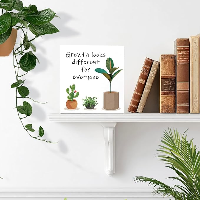 LVQHI Inspirational Wood Block Sign,Growth Looks Different for Everyone Plant Motivational Wooden Block Sign for Home Bedroom Office Desk Table Decor,Inspirational Gifts for Coworker Friend 8x8 IN