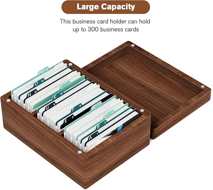MaxGear Business Card Holder for Desk, 2.2" x 3.5" Walnut Wood Business Card Organizer, Index Cards Box Holds 300 Cards, 3 Divider Boards Includes A-Z Tabs, Desktop Organizers for Office & Home